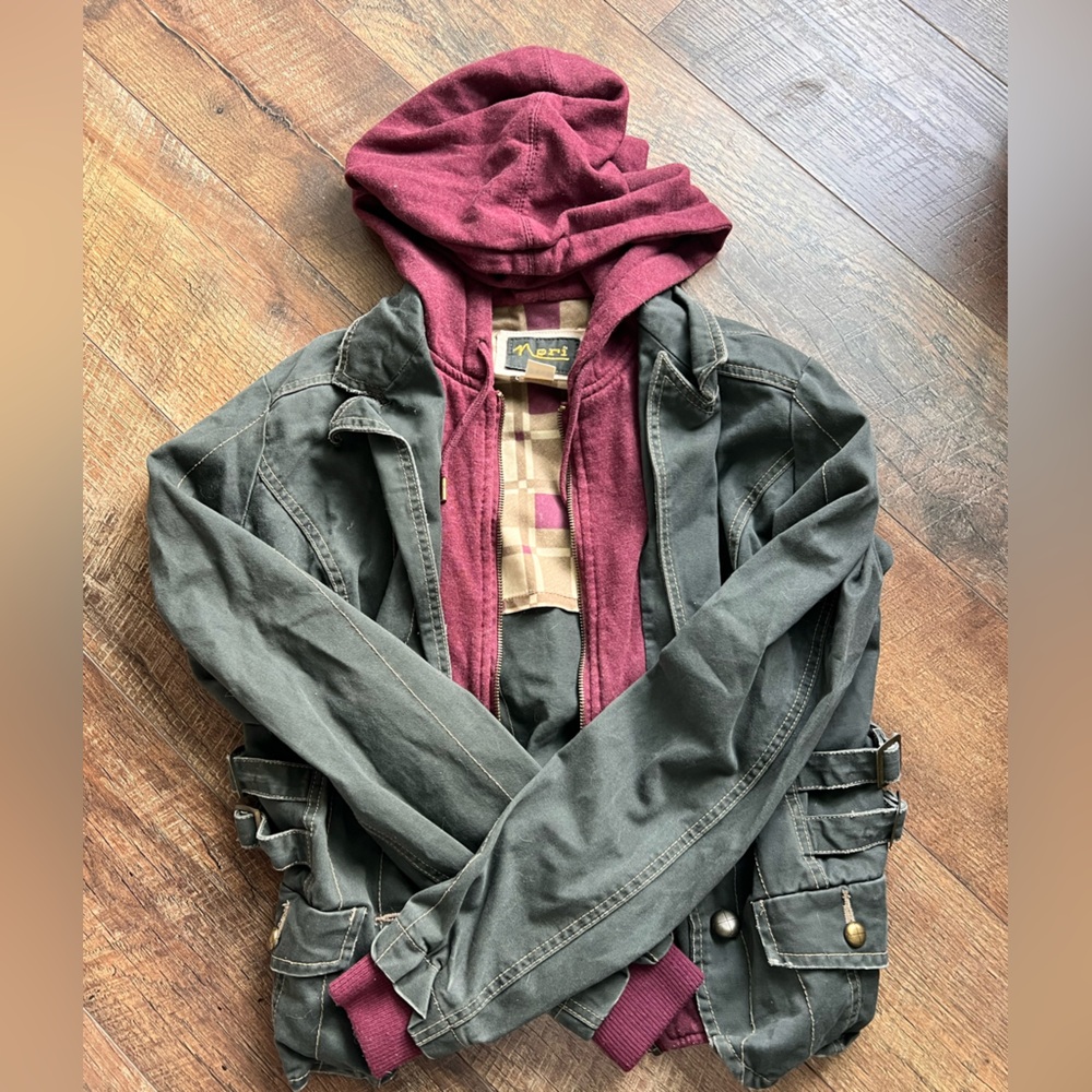 Gray and Burgundy Hooded Jacket